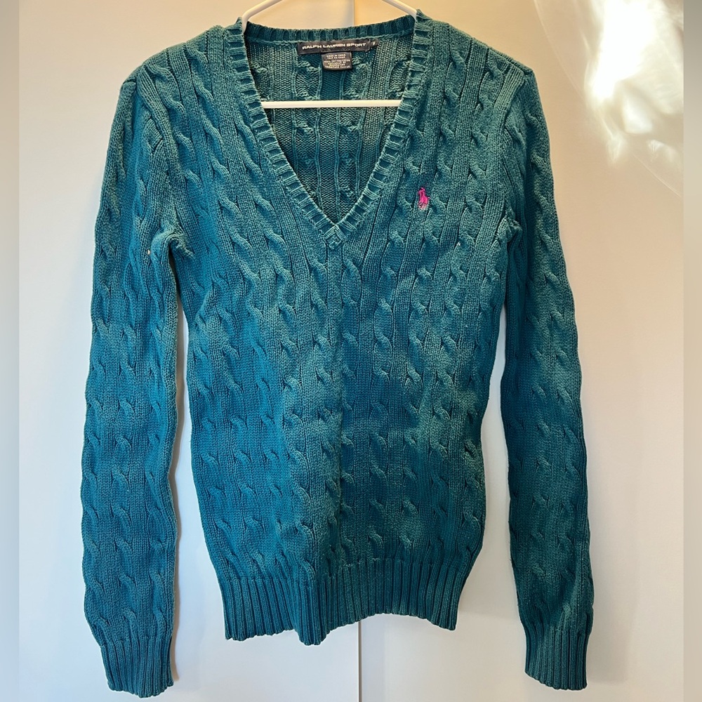 Ralph Lauren Teal V-Neck Cable Sweater